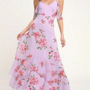 Lulu's Take You There V-neck Tiered Lavender Maxi Dress size Medium